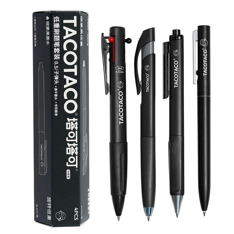 TACOTACO Low Centre of Gravity Gel Pen Set – 4-Pen Collection | Quick-Dry Ink 0.5mm | 3-Colour Pen + Dual-Bead Click + Silent Click + Twist Advance | Student Exam Writing Set Black Body Black Ink