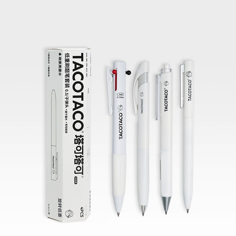 TACOTACO Low Centre of Gravity Gel Pen Set – 4-Pen Collection | Quick-Dry Ink 0.5mm | 3-Colour Pen + Dual-Bead Click + Silent Click + Twist Advance | Student Exam Writing Set White Body Black Ink