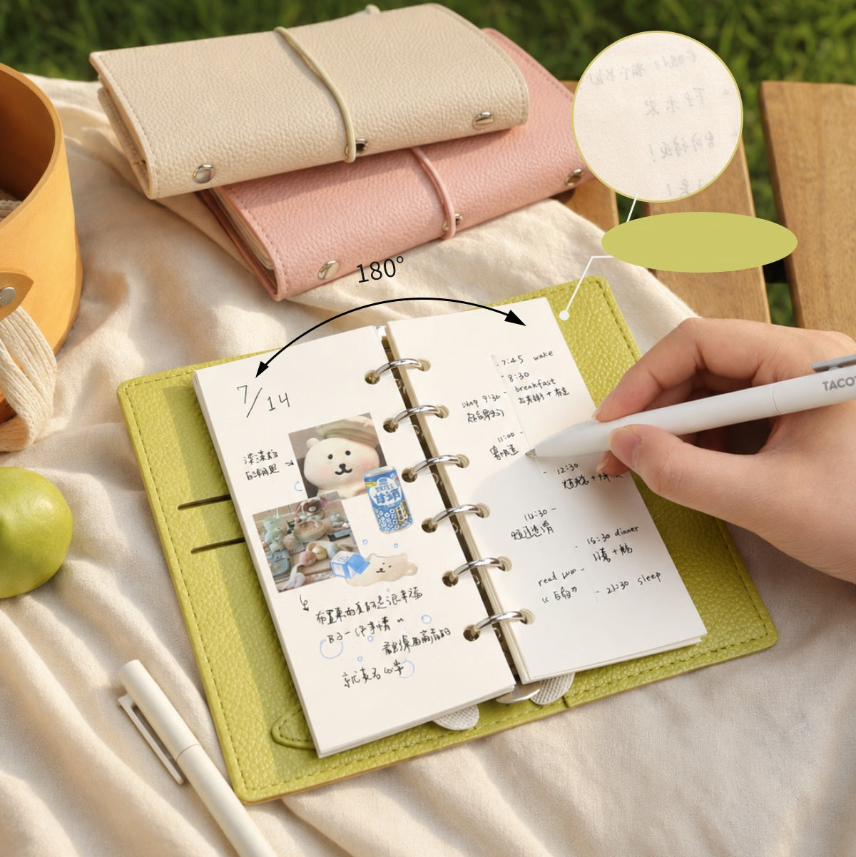 TACOTACO Soft-Cover Macaron Loose-Leaf Notebook – 60 Sheets | 6-Ring Binder with Elastic Closure | 84 × 150mm | Orange / Grass Green / Cloud White / Pink