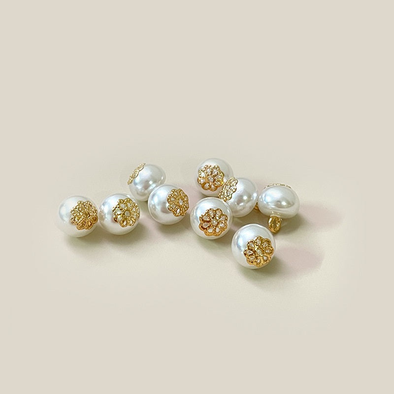 10mm White Plastic Pearl Copper Flower Hand-Sewing Metal Shank Button 40pcs