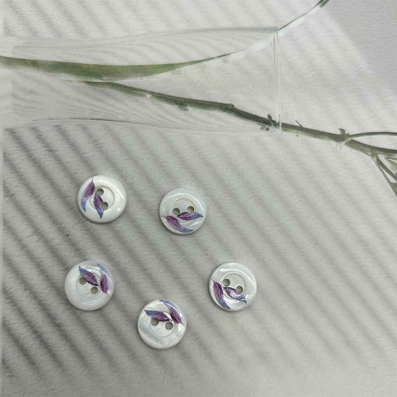 11.5mm Round 2-Hole Bevelled Shell Buttons Blue-Purple Leaves and Blue Ring Pattern 30pcs Purple