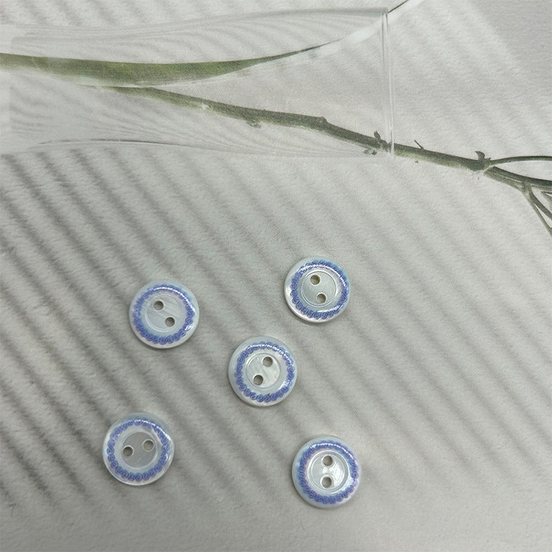 11.5mm Round 2-Hole Bevelled Shell Buttons Blue-Purple Leaves and Blue Ring Pattern 30pcs Blue
