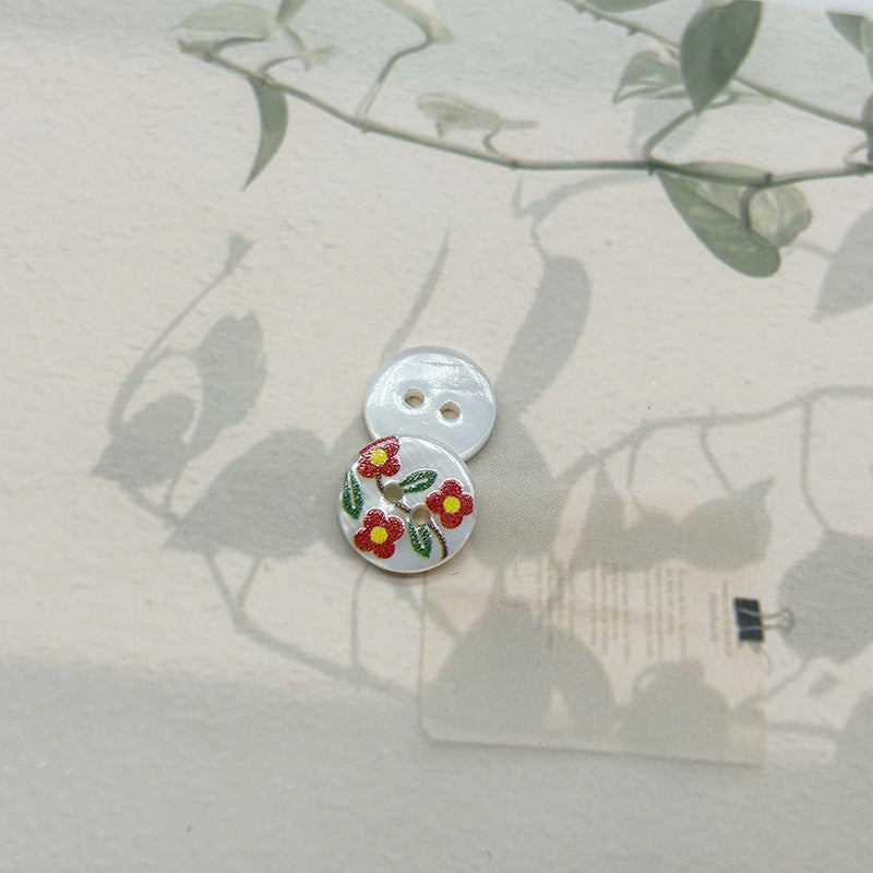 11.5mm Red Flower Green Leaf Deer in the Woods Two-Hole Shell Buttons 30pcs Red
