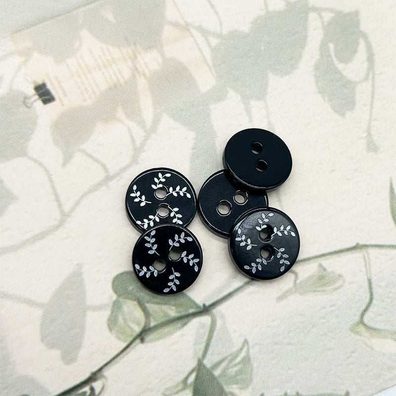 11.5mm Round 2-Hole Vintage Willow Leaf Pattern Black Shell Flat Buttons 40PCS
