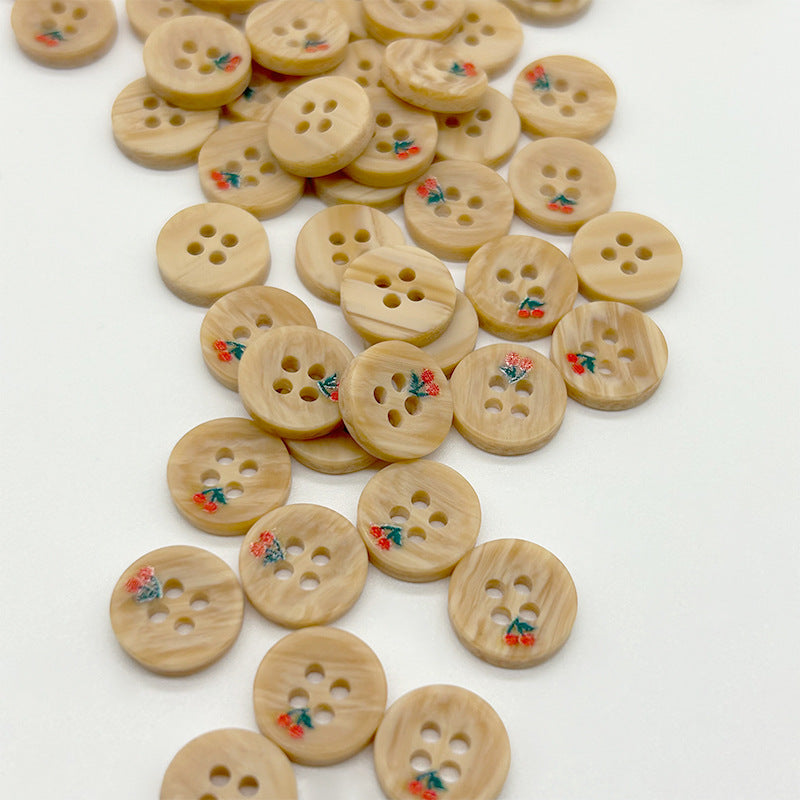11mm Resin Wood-Grain Imitation Buttons with Cute Red Cherry Design for Shirts 100PCS
