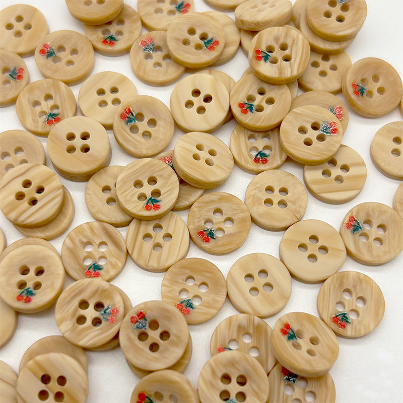 11mm Resin Wood-Grain Imitation Buttons with Cute Red Cherry Design for Shirts 100PCS