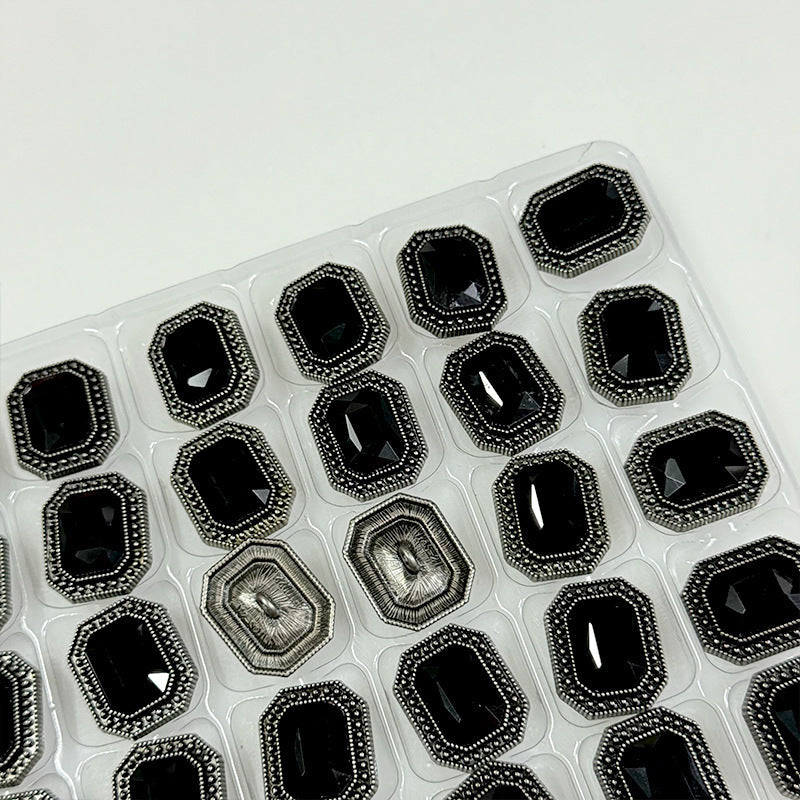 Vintage Rectangular Black Diamond Metal Buttons for Knitwear Coats Jackets 12pcs Antique Silver