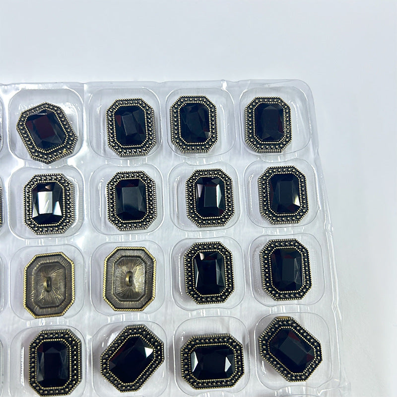Vintage Rectangular Black Diamond Metal Buttons for Knitwear Coats Jackets 12pcs Antique Bronze