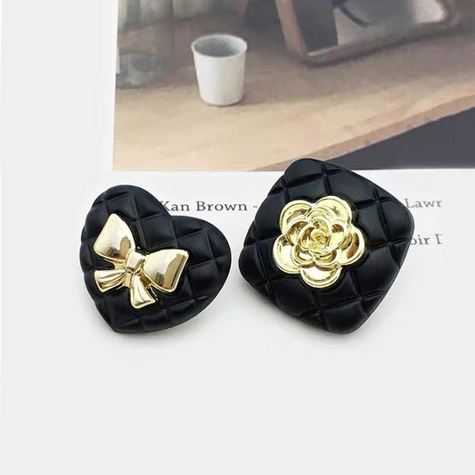 Black Diamond-Patterned Square Camellia,Heart-Shaped Bow Metal Buttons 20pcs