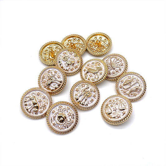17/25mm Twelve Constellation Round Gold Metal Shank Buttons for Knitwear 48 Pack