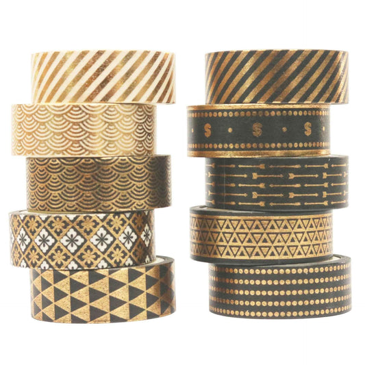 10 Rollen schwarz-goldenes Washi-Tape-Set mit Foliendruck, 15 mm x 5 m