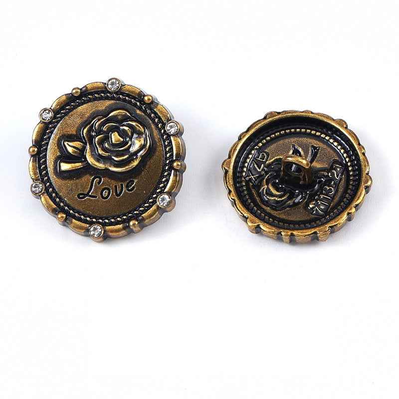 28L/34L/36L Round Rose Rhinestone Metal Shank Buttons 20pcs Antique Gold