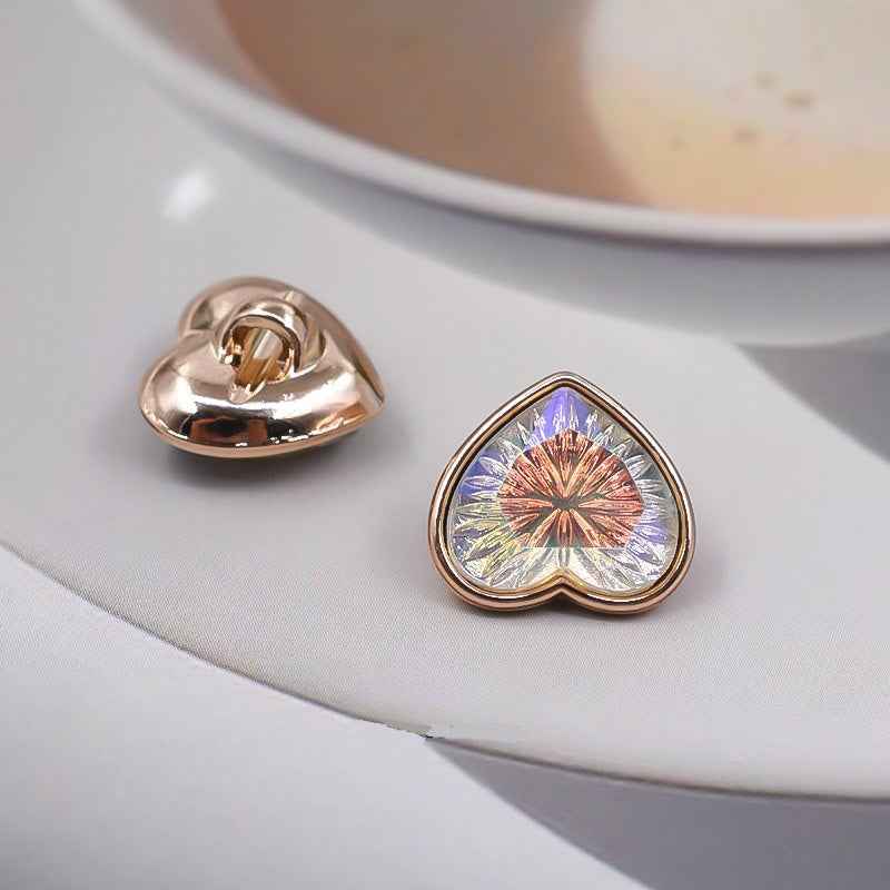 10mm Heart-Shaped Crystal Iridescent Glass Shank Buttons 12pcs