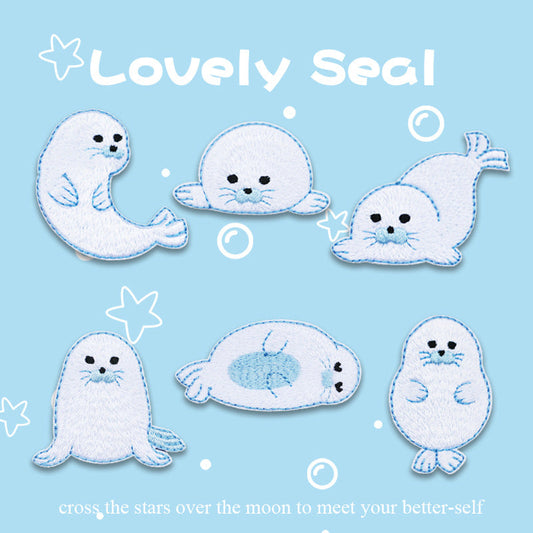 Self-Adhesive White Seal Embroidered Patch for Summer Wear 6pcs