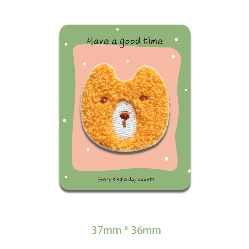 Self-Adhesive Plush Cartoon Animal Head Embroidered Patches 6 Pack