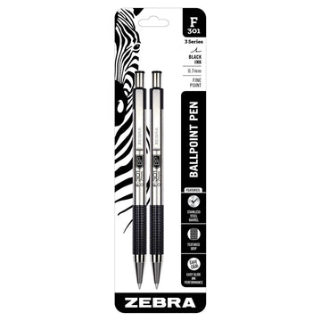 Zebra F-301 Retractable Ballpoint Pen,Fine Point,0.7mm,Black,2 Pack