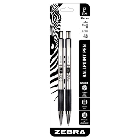 Zebra F-301 Retractable Ballpoint Pen,Fine Point,0.7mm,Black,2 Pack