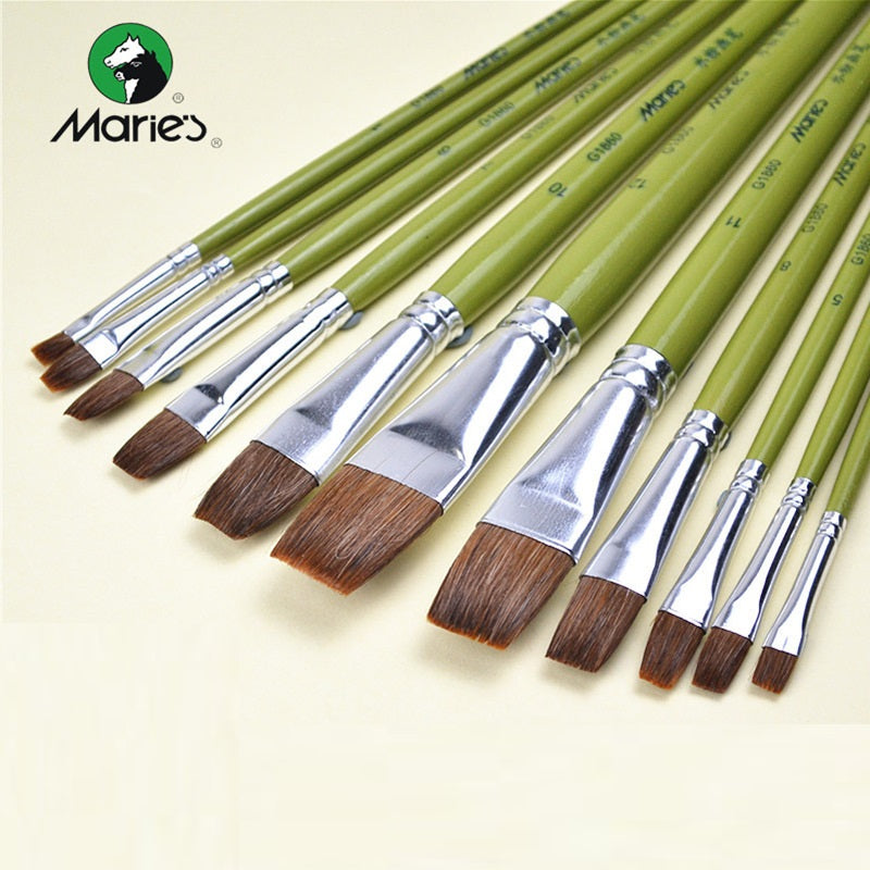 Maries Flat Bristle Watercolor Paint Brush Set | Sizes 1–12 | 12 Brushes