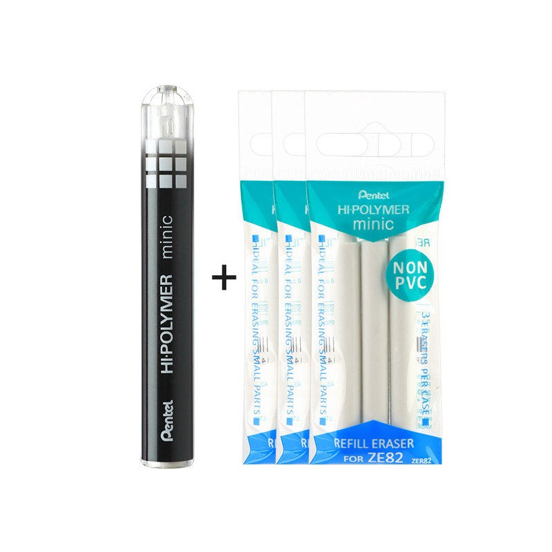 Pentel ZE82 Hi-POLYMER Minic Retractable Eraser with 9 Refills Black