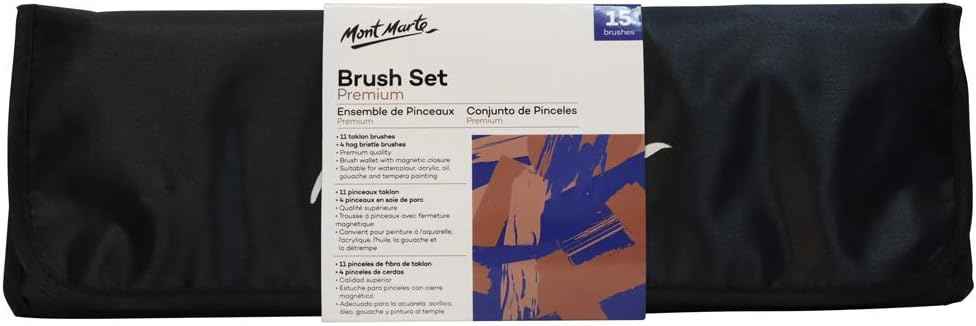 Mont Marte Ensemble de pinceaux de qualité supérieure 15 pièces, étui en rouleau avec fermeture magnétique
