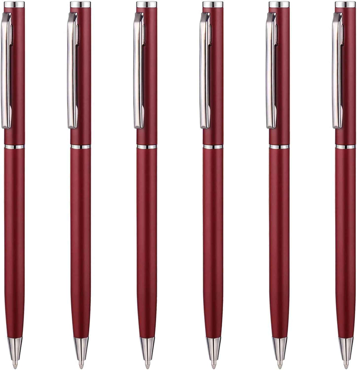 Slim Metallic Retractable Ballpoint Pens,Matte Burgundy,6 Pack-Black ink