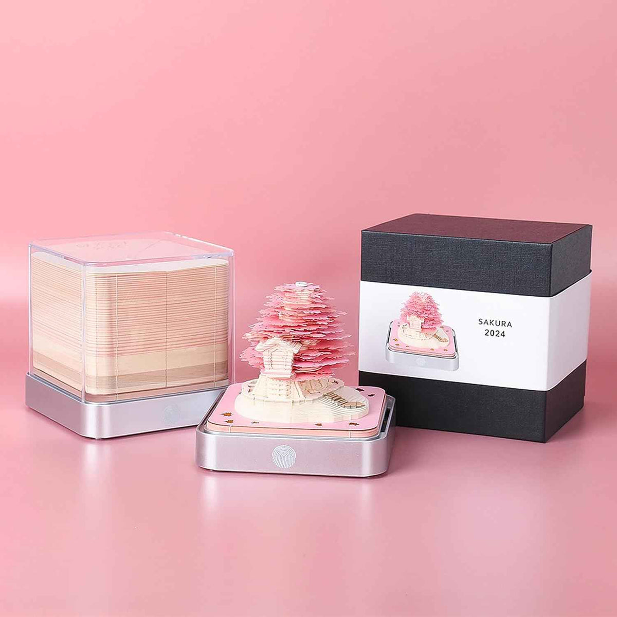 2026 Desk Calendar With LED Lights Sakura Tree House Pink Green