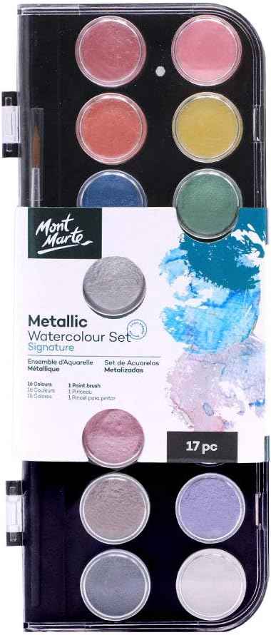 MONT MARTE Metallic-Aquarell-Perlfarben-Set, 16 Farben, 1 Pinsel