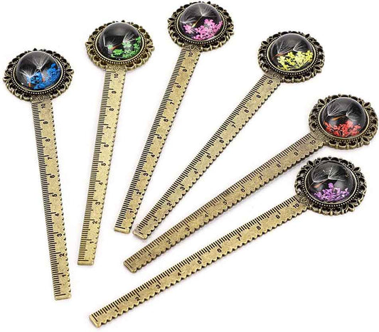 6 Stück Retro-Metall-Lesezeichen-Lineal, bronzefarbenes Lesezeichen mit getrockneter Blume