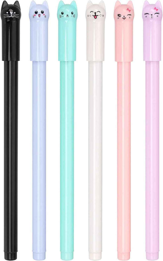 6er-Pack bunte Kawaii-Gelstifte mit Katzenmotiv, 0,5 mm schwarze Tinte