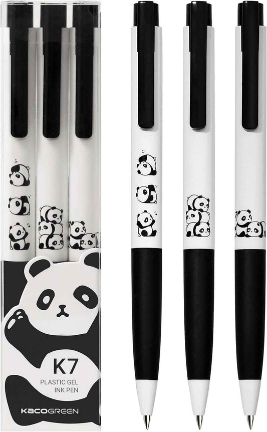 Kaco K7 Gel-Tintenstifte, süßer Panda, schwarze Tinte, 0,5 mm feine Spitze, 3er-Pack