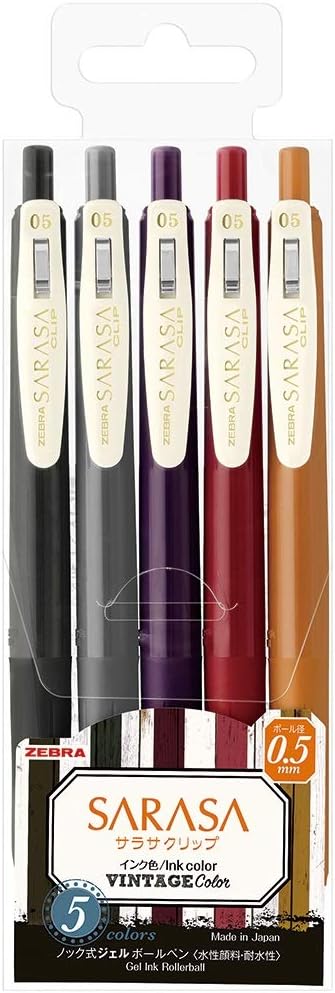 ZEBRA Sarasa Clip Gel-Tinten-Kugelschreiber 0,5 mm, Vintage-Farben, 5er-Set