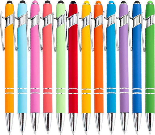 12 Pack Rainbow Rubberized Soft Touch Ballpoint Pen with Stylus Tip 12 Pcs Stylus Pens-1