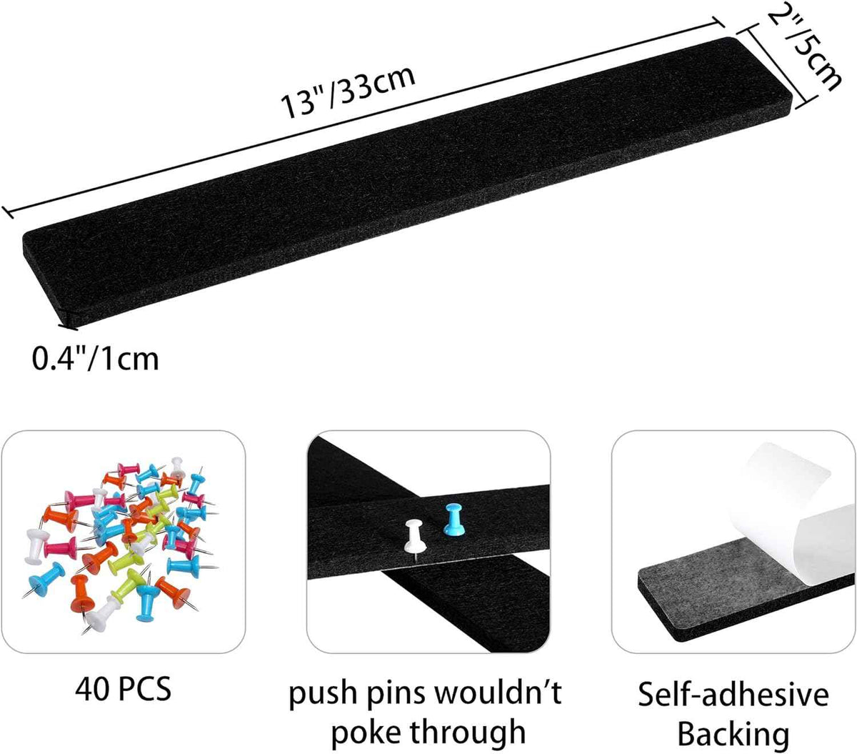 Felt Self-Adhesive Bulletin Board Bar Strips with 40 Push Pins 8 Pack