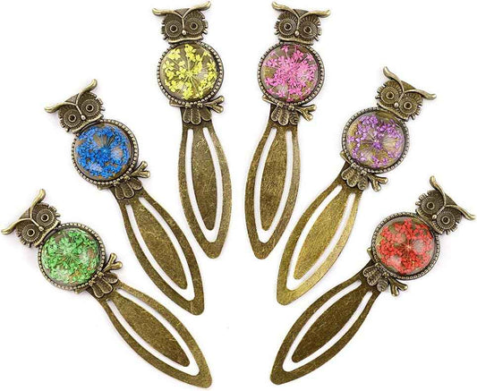 6 Metall-Lesezeichen-Clips, Vintage-Eulen-Lesezeichen-Lineal mit getrockneter Blume