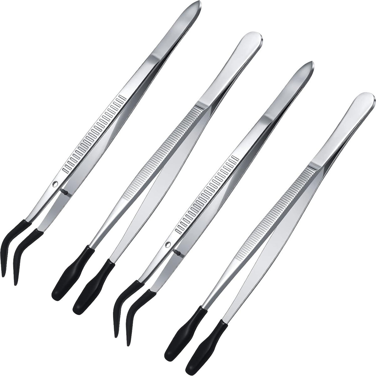 4Pcs Tweezers with Rubber Tip for Lab Industrial Jewelry Craft Black