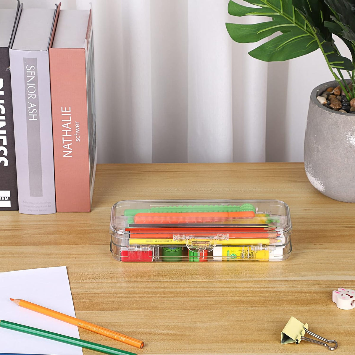 Estuche para lápices de dos pisos Caja de papelería de plástico transparente