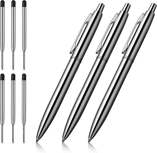3Pcs Retractable Stainess Steel Metal Ballpoint Pens,6 Replaceable Refills