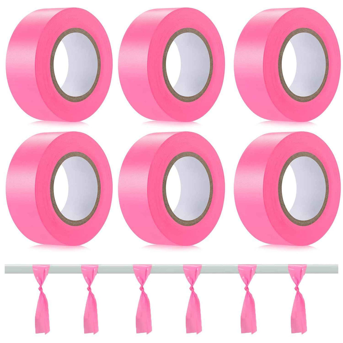 6 Pack Flagging Tape,Neon Marking Survey for Boundaries Hazardous Area Pink