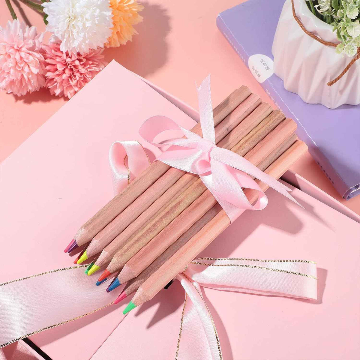 12pcs Neon 6 Color Highlighter Pencils with Wooden Sharpener