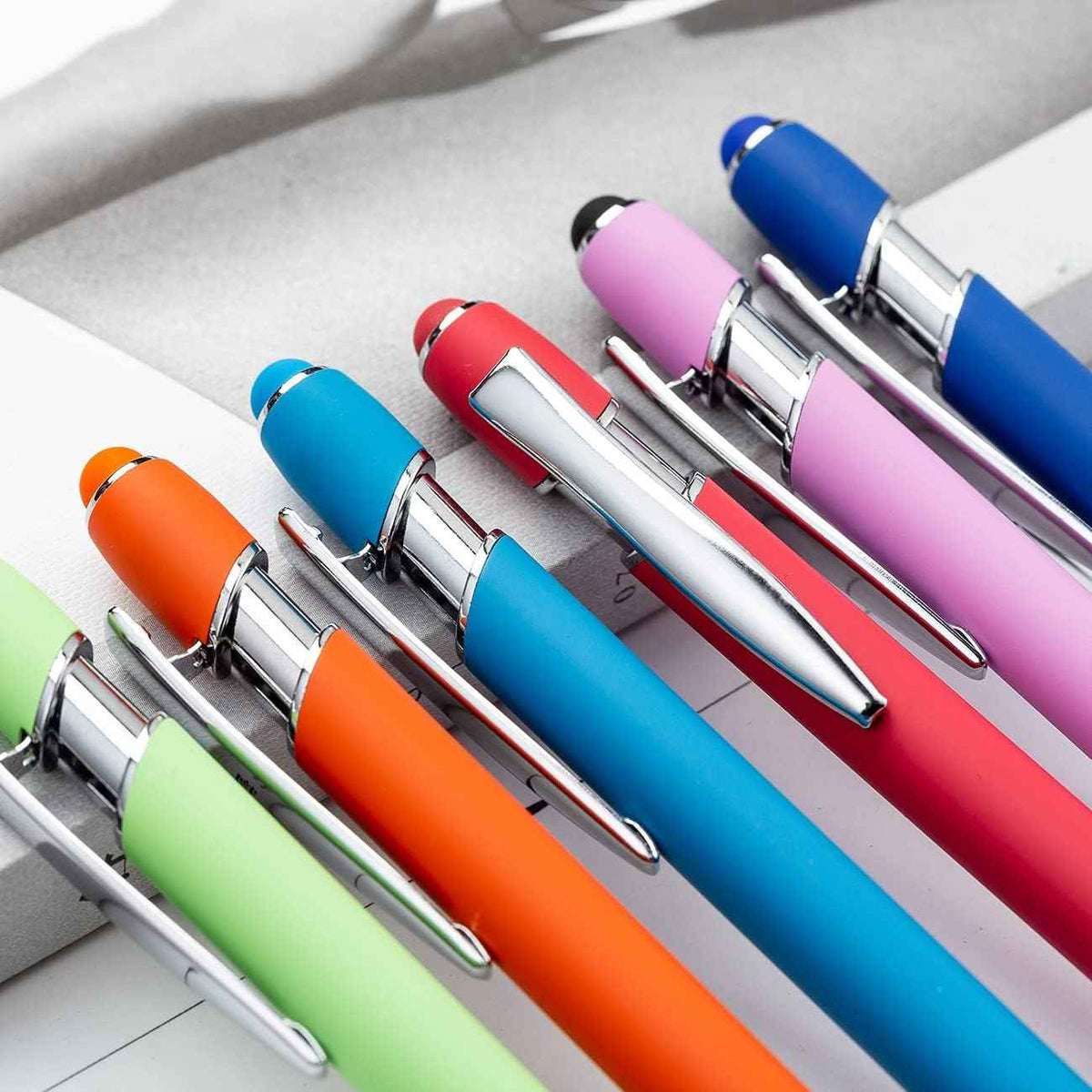 12 Pack Rainbow Rubberized Soft Touch Ballpoint Pen with Stylus Tip