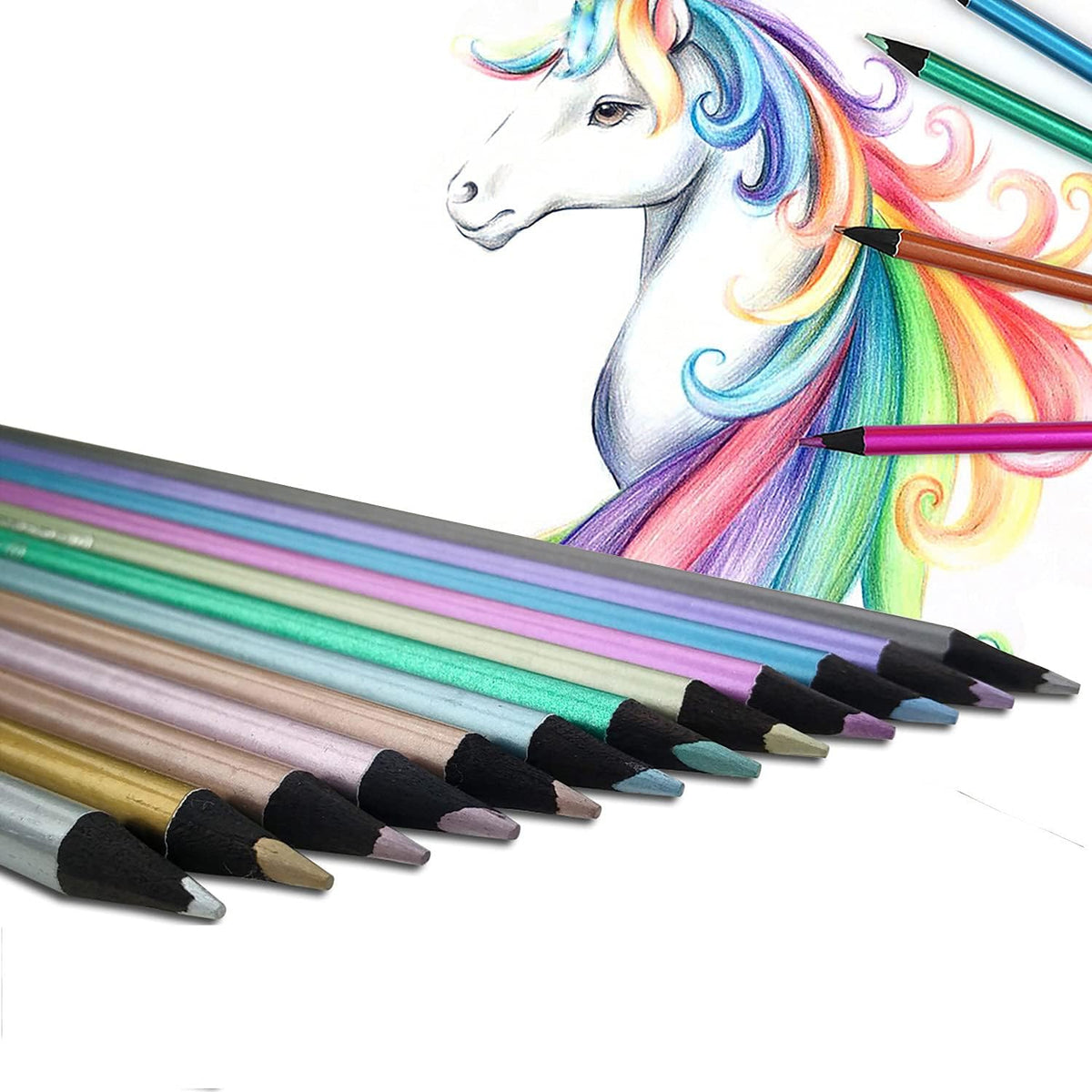 12 lápices de dibujo de colores metálicos.