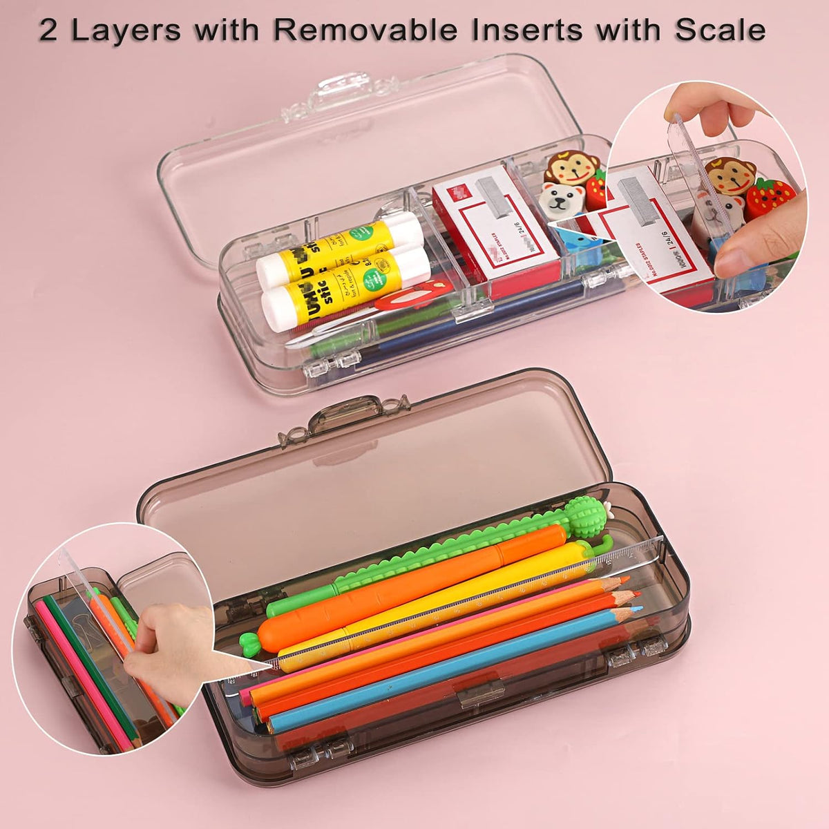 Estuche para lápices de dos pisos Caja de papelería de plástico transparente
