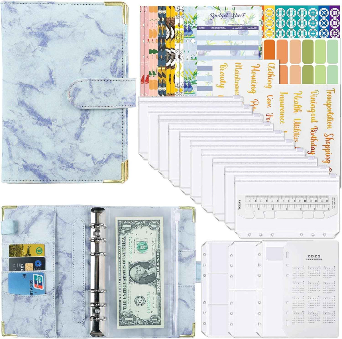 A6 Budget Binder with 12pcs Zipper Cash Envelopes Money Organizer Blue