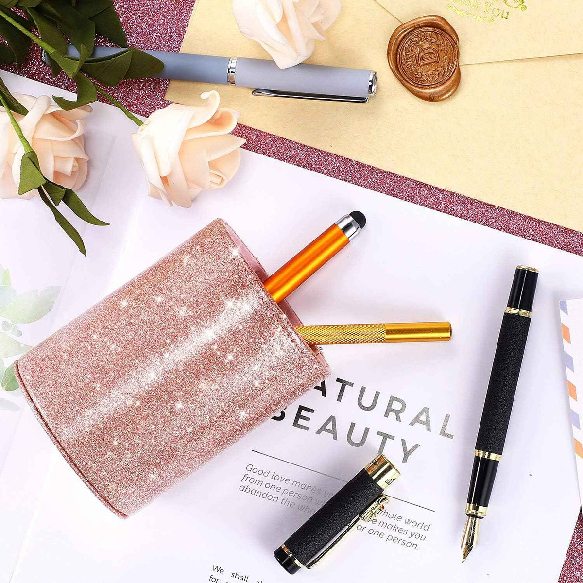 PU-Stifthalter mit Glitzer, glänzend, für Damen und Mädchen, luxuriöser Make-up-Pinselhalter