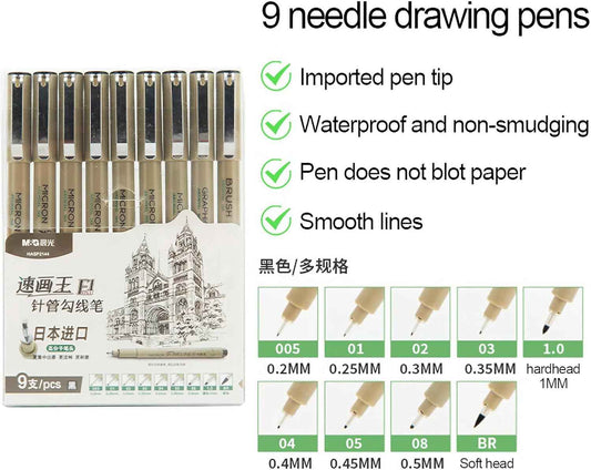 M&G 9 Stück Micron Fineliner Stifte Nadelspitzenmarker schwarze Tinte