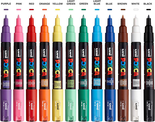 UNI POSCA PC-1M Acrylfarbmarker, 0,7 mm extrafeine Spitze, 12 Farben