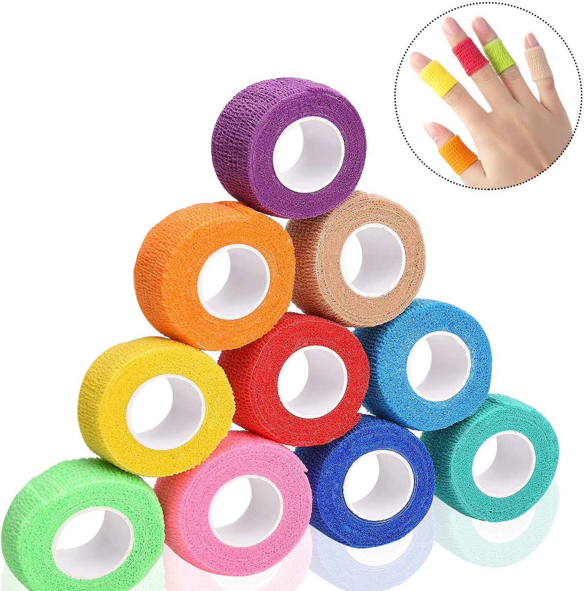 12 kleuren zelfklevende verbandverpakking voor vingernagelbeschermer, 2,5 cm x 4,5 m / 1 "x 5yd
