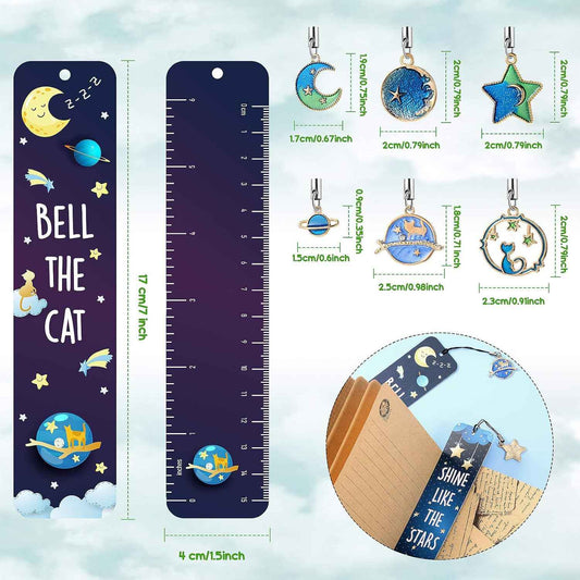 12 Stück Katzen-Mond-Stern-Weltraum-Lesezeichen mit Metallanhängern