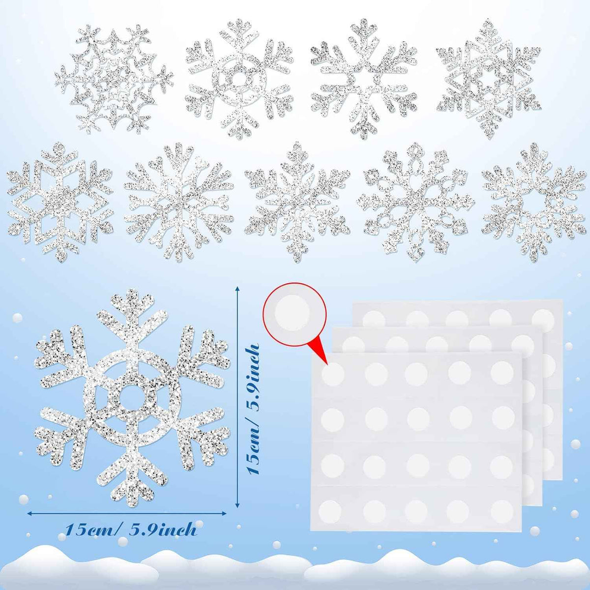 45pcs Winter Christmas Snowflake Paper Cutouts with Glue Point Dots