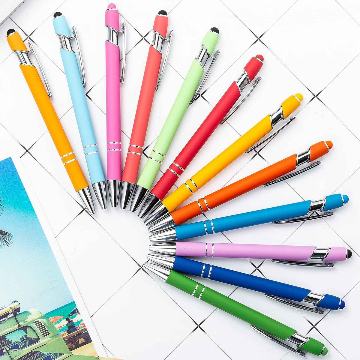12 Pack Rainbow Rubberized Soft Touch Ballpoint Pen with Stylus Tip